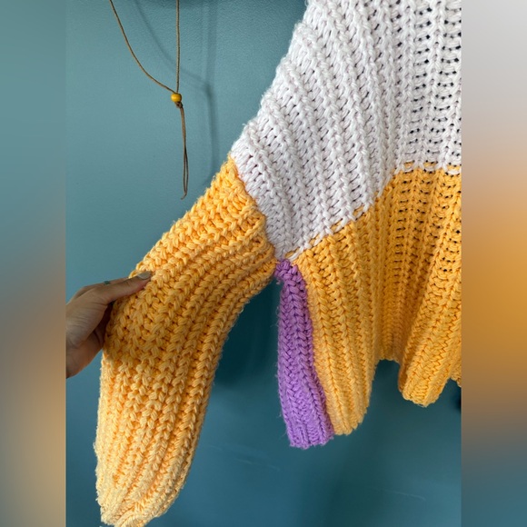 Chunky Knit color block balloon sleeve cardigan Sweater sz large - Picture 5 of 5